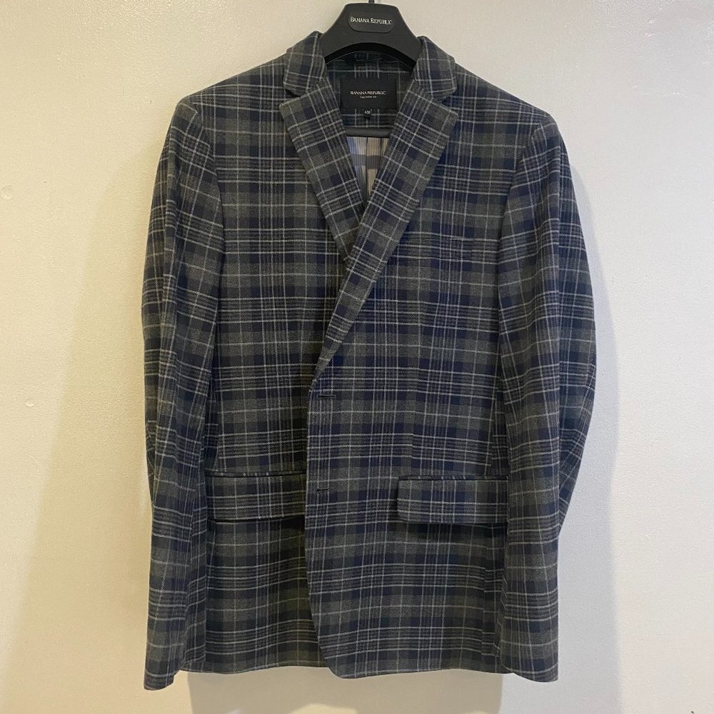 Banana Republic Tailored Fit Blue Gray Plaid Suit Jacket Men's Size 42R